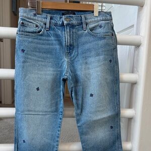 Lucky Brand Mid Rise Blue Straight Jeans with Embroidery